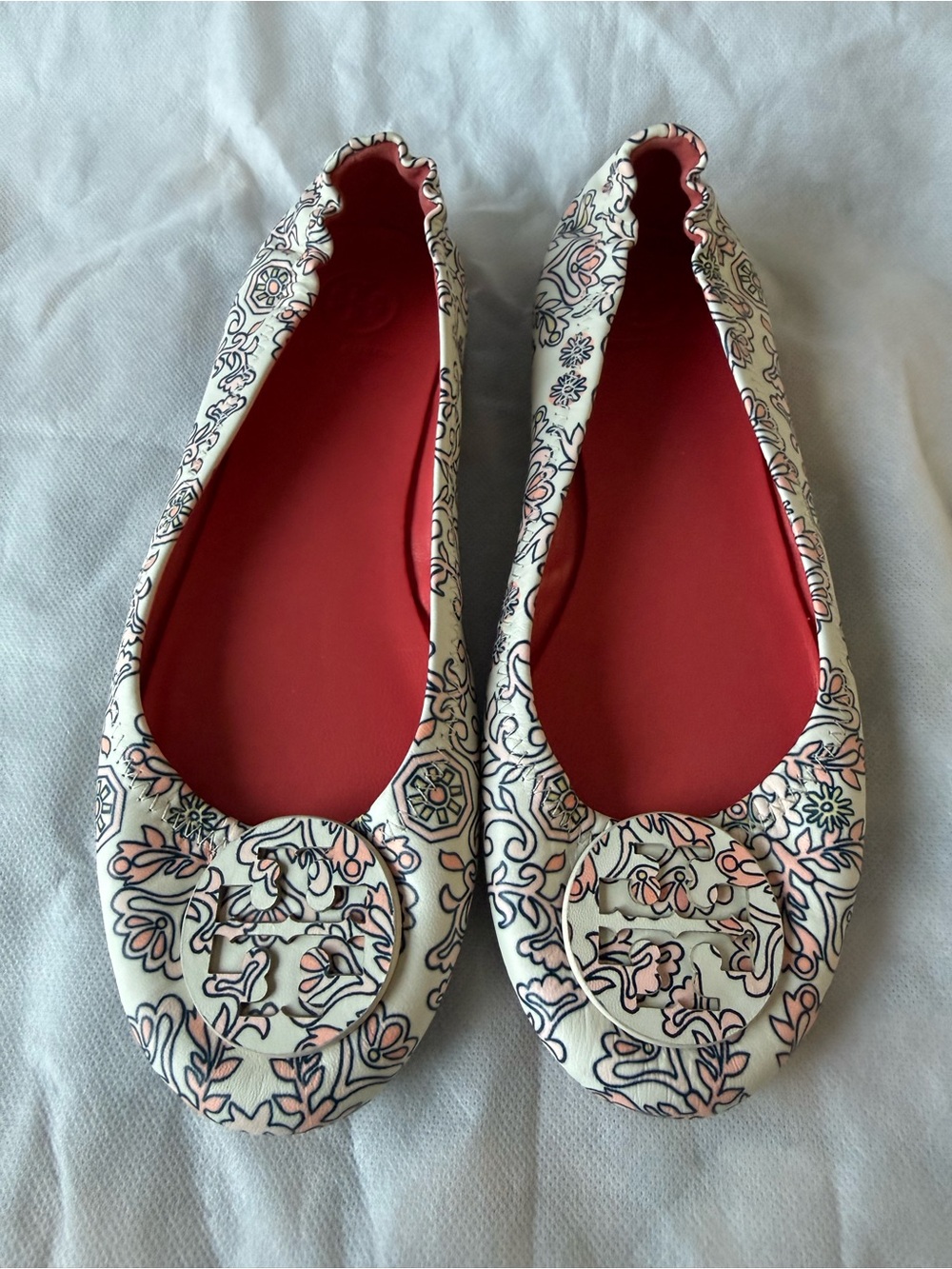 Tory Burch Cream Floral Ballet Flats with Coral Insole